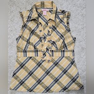 Candie's Yellow & Navy Plaid Sleeveless V-Neck Top Large